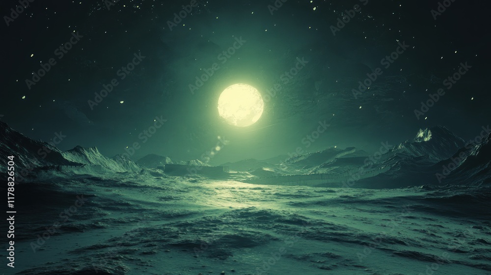A serene, otherworldly landscape illuminated by a large moon, evoking a sense of calm and mystery.