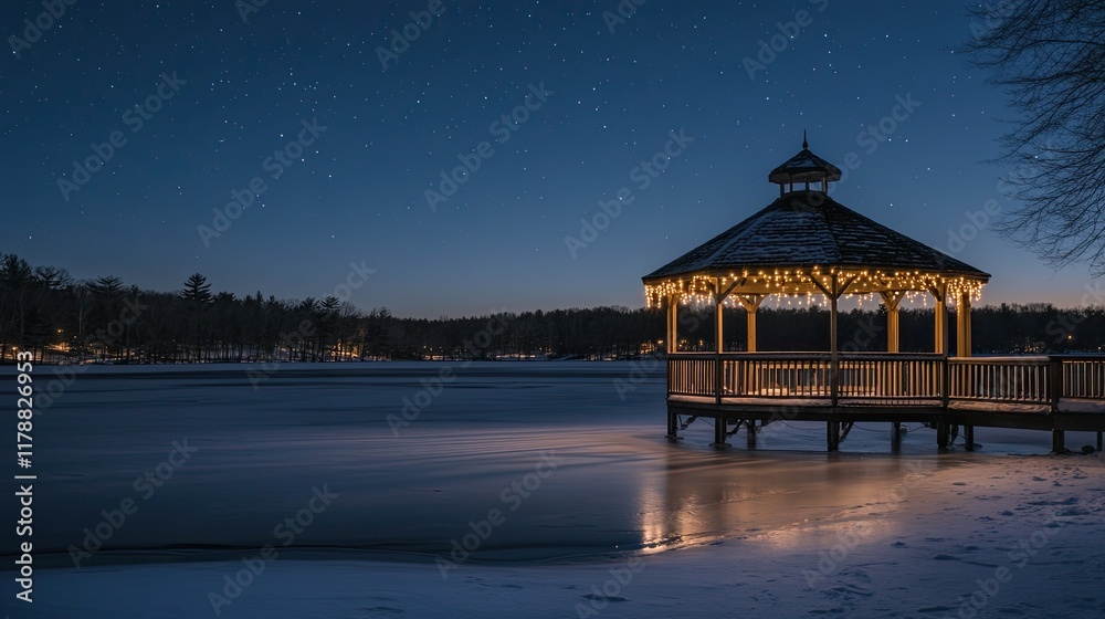 Obraz premium Winter Wonderland Gazebo: A serene lakeside scene illuminated by the warm glow of string lights. The gazebo stands proudly on a frozen lake, surrounded by a blanket of snow under a star-studded sky.
