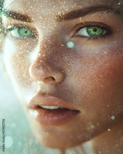 close-up of the face, a beautiful woman with freckles and green eyes