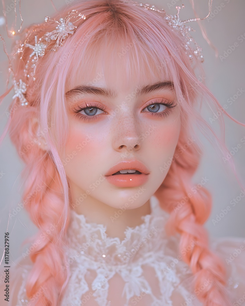 Photo of a makeup model with pastel pink hair in braids Photo of a makeup model with pastel pink hair in braids