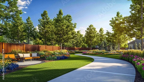 Wallpaper Mural a backyard with green grass, a white concrete path leading to a wooden fence and patio area surrounded by trees and flowers. Torontodigital.ca