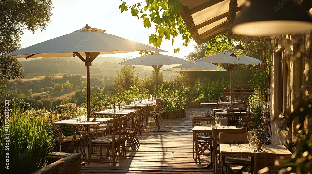 Fototapeta premium Sunrise Terrace Dining: A serene outdoor dining space, bathed in the warm glow of sunrise, with lush greenery, rustic wooden tables, and a picturesque view of rolling hills.