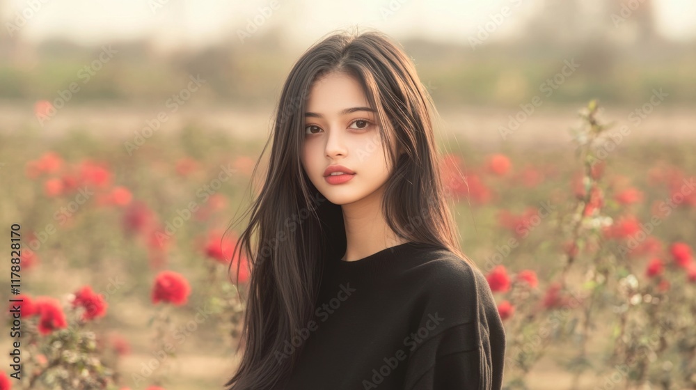 Young woman with long black hair stands in a rose garden at sunset. Young woman with long black hair stands in a rose garden at sunset.