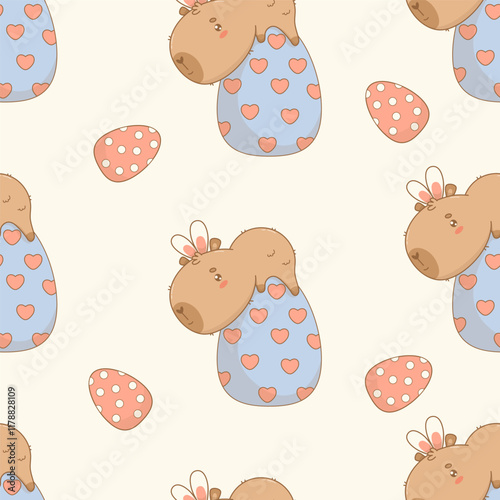 Easter Seamless pattern. Funny small capybara in bunny ears on large paschal egg on white background. Holiday cartoon kawaii character. Vector illustration. Kids collection