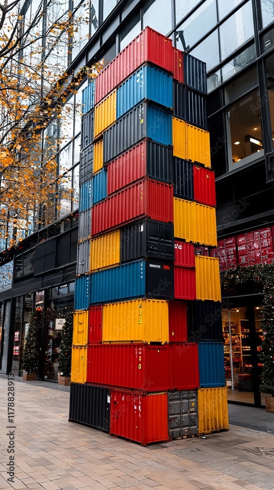 Fototapeta premium A tall stack of colorful shipping containers in front of a building