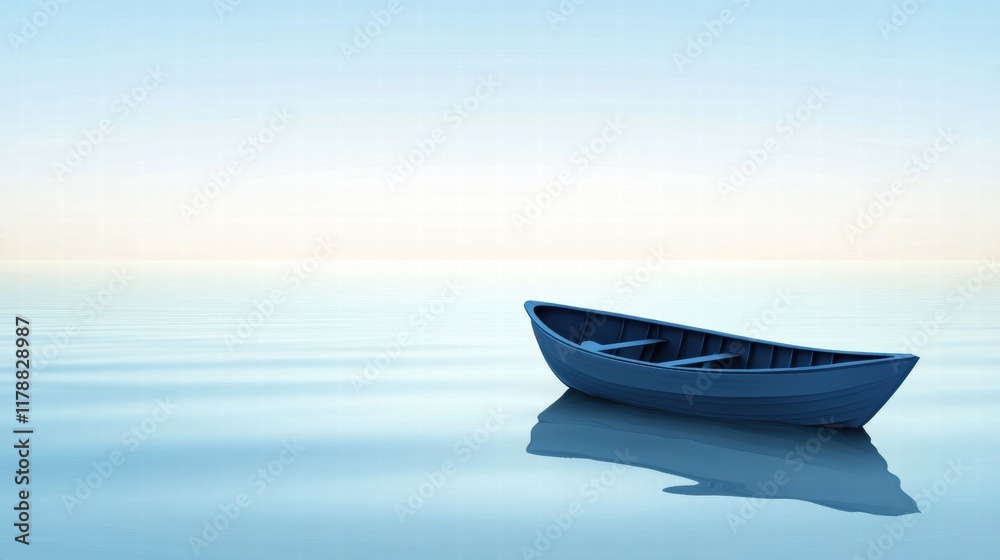 Fototapeta premium Serene boat silhouette floating on calm water reflecting soft hues during twilight. Generative AI