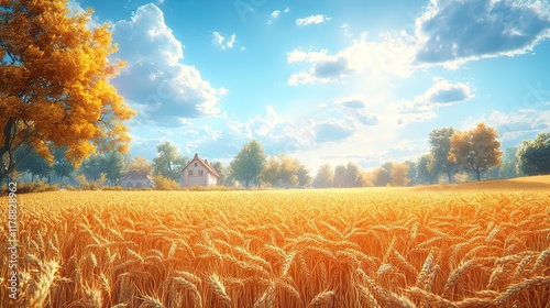 A serene landscape featuring golden wheat fields and a quaint house under a bright sky. photo