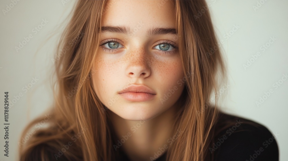 Close-up portrait of a young woman with freckles and blue eyes. Close-up portrait of a young woman with freckles and blue eyes.