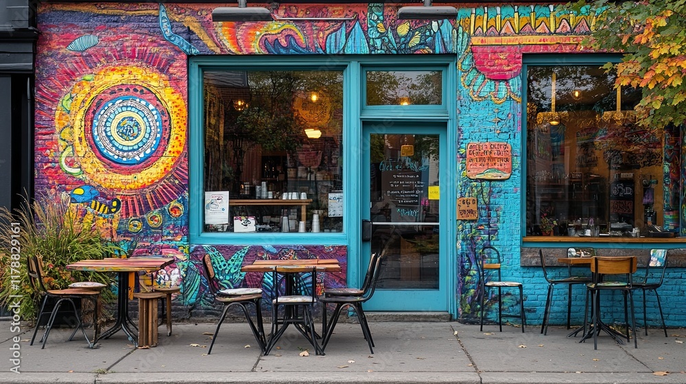 Obraz premium Vibrant Streetside Cafe: A charming cafe with a bright, colorful facade and inviting outdoor seating, capturing the essence of a bustling urban neighborhood. 