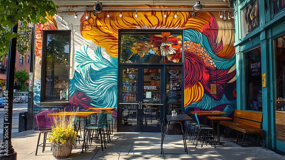 Fototapeta premium Vibrant Streetside Cafe Mural 