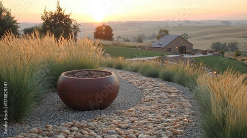 A serene countryside garden at sunset, featuring a large decorative pot surrounded by pebble pathways and ornamental grasses. Rolling hills and a distant house add depth to the peaceful scenery photo