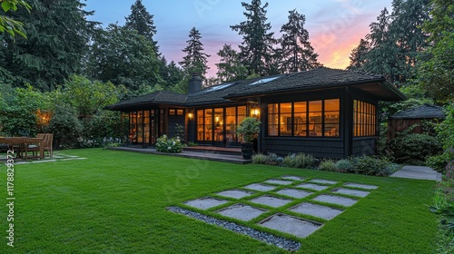 A picturesque modern home with large windows glowing warmly in the evening light. Surrounded by lush greenery, the well-maintained lawn features a stepping stone pathway leading to the entrance