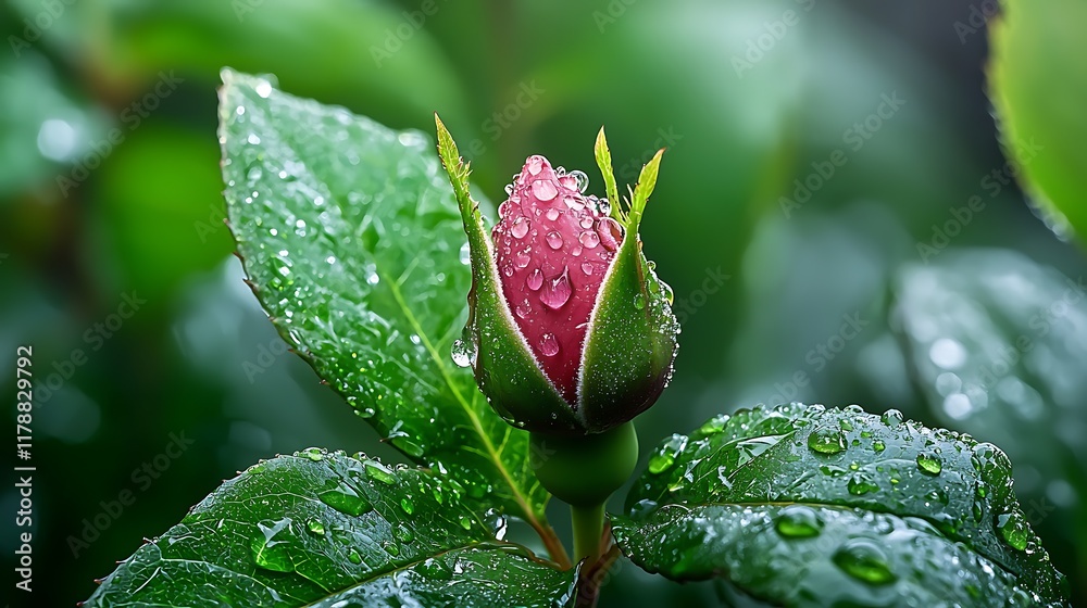 Close up detailed view of a vibrant red rose bud with glistening water droplets on its delicate petals captured in a lush natural environment with green foliage backdrop This romantic Close up detailed view of a vibrant red rose bud with glistening water droplets on its delicate petals captured in a lush natural environment with green foliage backdrop This romantic