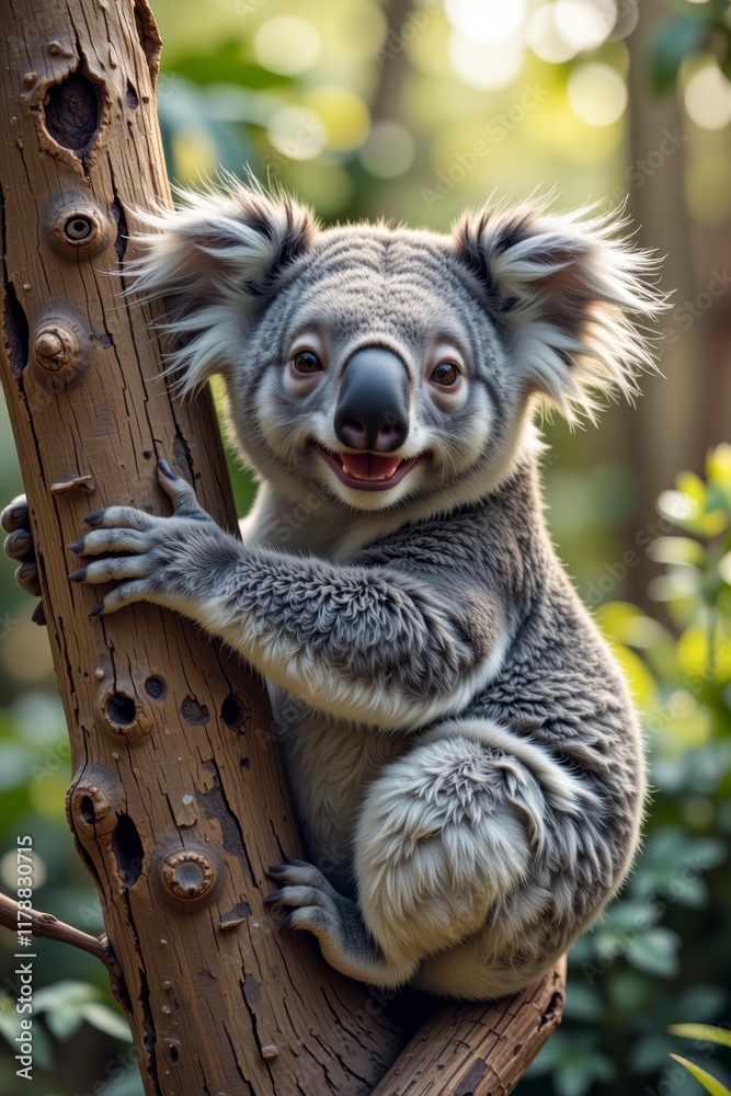 Fototapeta premium Adorable Koala Bear on Tree Trunk Australian Wildlife Cute Marsupial