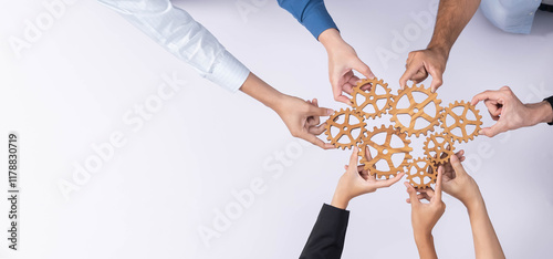 Top panorama banner of business team joining cogwheel in circular together symbolize successful group of business partnership and collective teamwork in workplace with productive efficiency. Prudent
