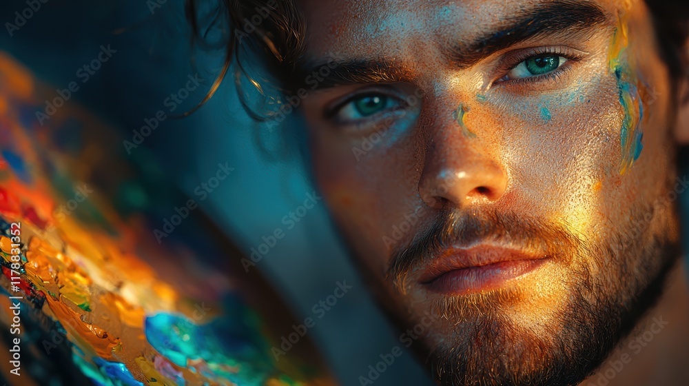 Artistic Portrait: A Man with Paint on His Face and a Palette Artistic Portrait: A Man with Paint on His Face and a Palette