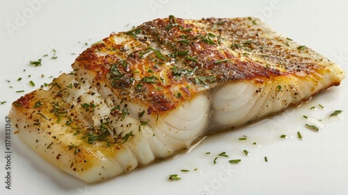 Grilled fish fillet with herbs and seasoning on a white background, emphasizing the crispy edges and succulent texture photo