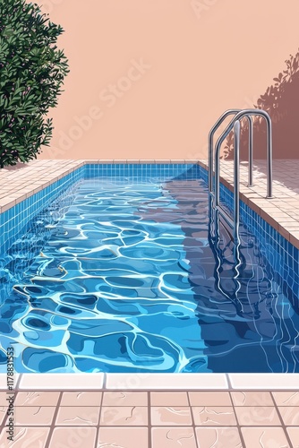 Tranquil swimming pool with blue tiles and clear water reflection