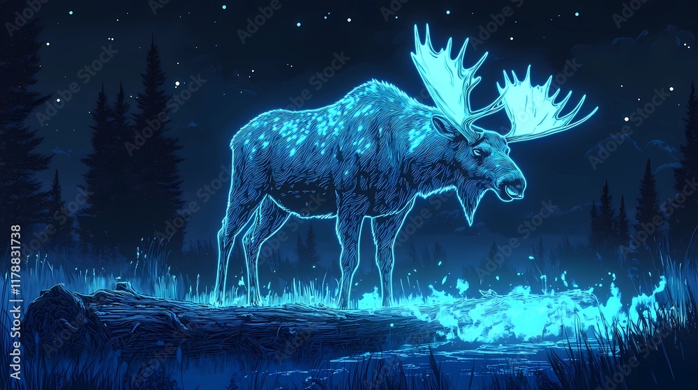 Moose standing near a tranquil forest stream, surrounded by natural greenery and a peaceful outdoor environment, style book illustration Moose standing near a tranquil forest stream, surrounded by natural greenery and a peaceful outdoor environment, style book illustration