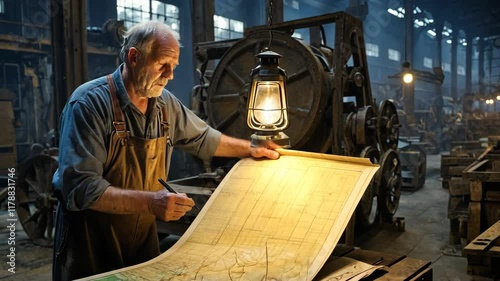 The Old Factory Worker Studying a Blueprint