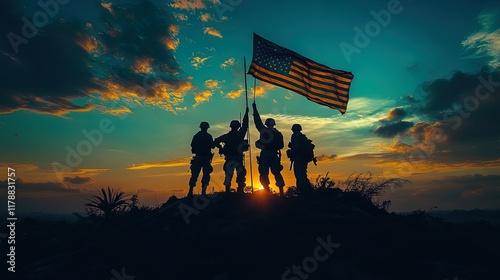 Soldiers raising a flag on a high hill, symbol of victory and sacrifice 