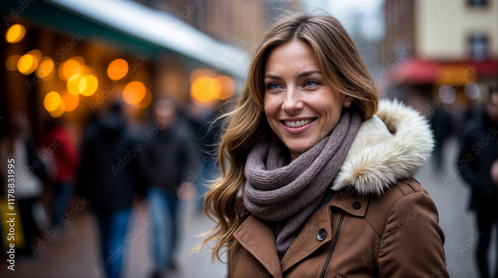 Smiling woman strolling through a bustling city street, enjoying the festive atmosphere. Smiling woman strolling through a bustling city street, enjoying the festive atmosphere.