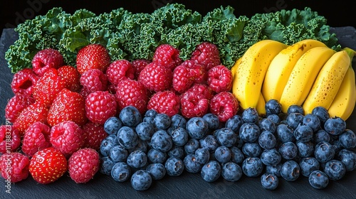 A vibrant arrangement of fresh foods like leafy greens, bananas, and berries photo