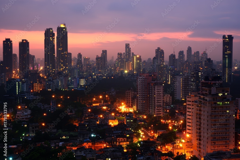 Fototapeta premium A vibrant city skyline at twilight showcases glowing lights and towering skyscrapers against a colorful sky. The urban landscape creates a serene atmosphere.