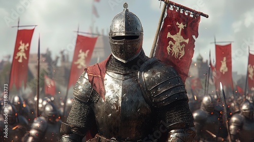 Medieval knight holding a battle standard, victorious stance with banners behind 