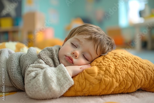 A toddler rests comfortably in a cozy blanket on a soft mat in the daycare room