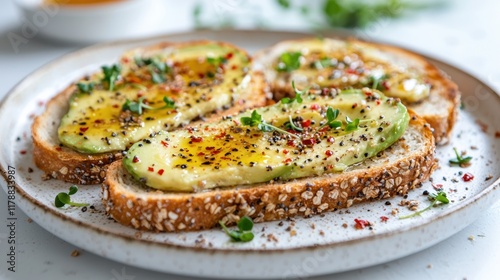 Heart-healthy avocado toast with multigrain bread and microgreens, styled photo