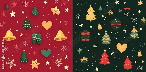 Festive Christmas patterns with trees, hearts, stars, and snowflakes in vibrant red, gold, and green colors. photo