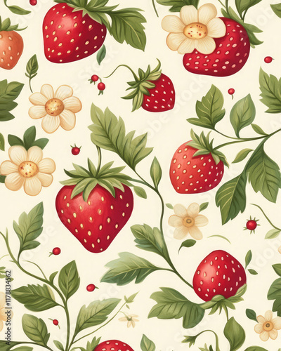 A strawberry and flower patterned wallpaper