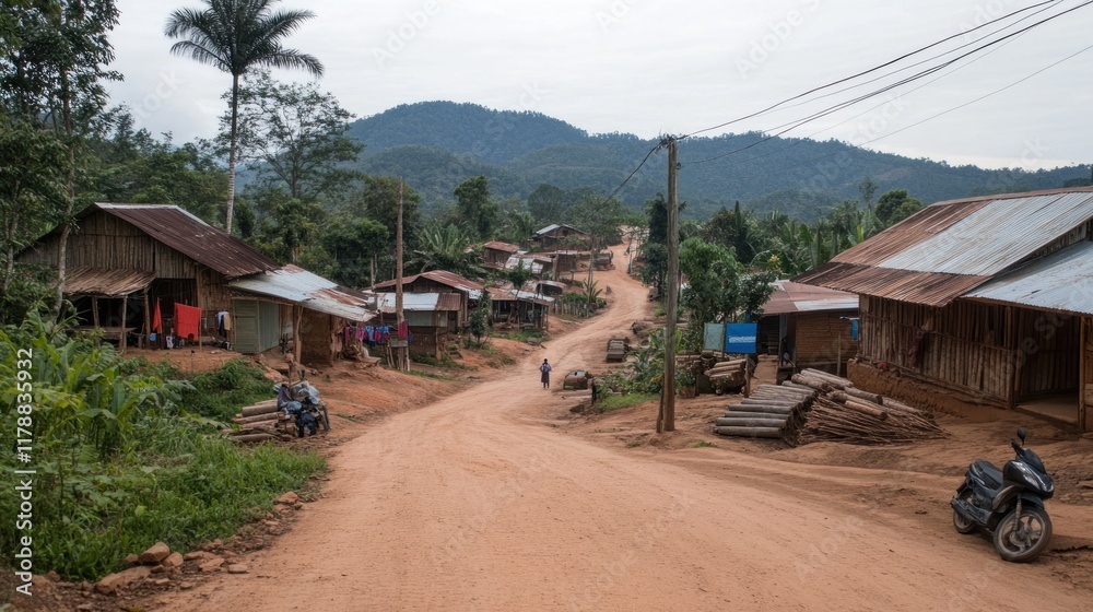A rural landscape with dirt road and wooden houses surrounded by greenery and mountains. A rural landscape with dirt road and wooden houses surrounded by greenery and mountains.