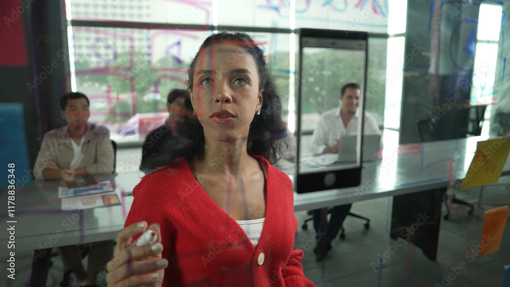 © InfiniteFlow - Portrait of hispanic businesswoman present start up marketing idea to investor. Female leader present brainstorming business plan written on sticky notes on glass wall at business meeting. Manipulator © InfiniteFlow - Portrait of hispanic businesswoman present start up marketing idea to investor. Female leader present brainstorming business plan written on sticky notes on glass wall at business meeting. Manipulator
