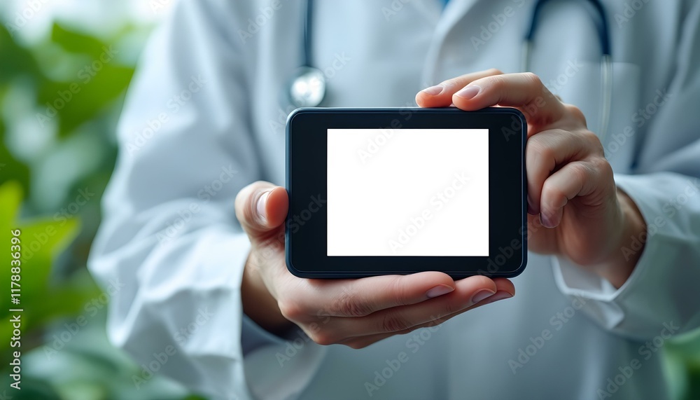 A doctor in a green hospital environment is displaying a tablet with an empty screen, representing telemedicine A doctor in a green hospital environment is displaying a tablet with an empty screen, representing telemedicine