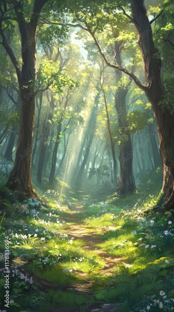 Naklejka premium A tranquil forest scene with sunlight streaming through trees, illuminating a path surrounded by lush greenery and wildflowers.