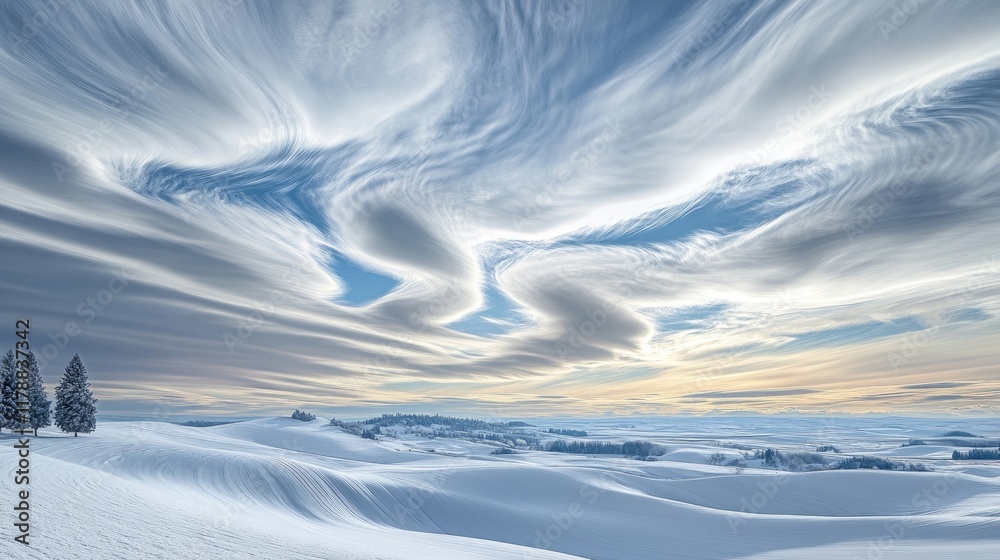 A captivating landscape of gently rolling hills blanketed in snow, under a sky filled with swirling clouds. A captivating landscape of gently rolling hills blanketed in snow, under a sky filled with swirling clouds.