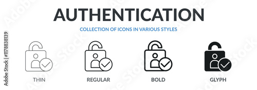 Collection of AUTHENTICATION icons in variety of styles. Designed in thin line, regular line, bold line, and glyph.