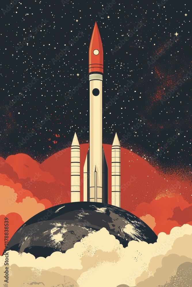 Obraz premium Retro-style rocket launch poster with cosmic background