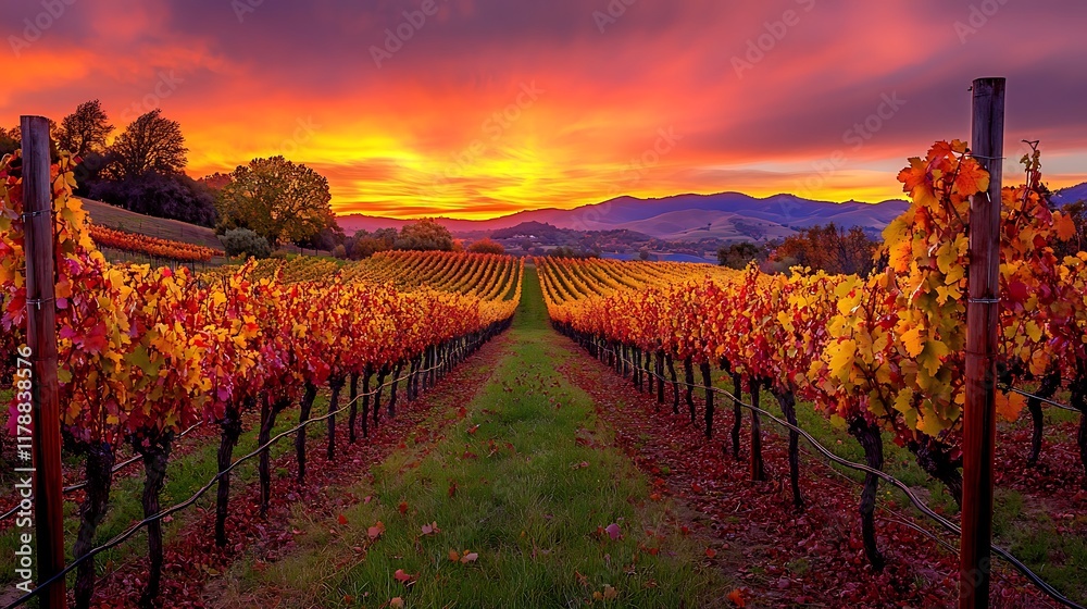 Naklejka premium Autumnal Vineyard Sunset: A breathtaking view of a vineyard bathed in the warm glow of a setting sun, showcasing vibrant autumn colors and rolling hills.
