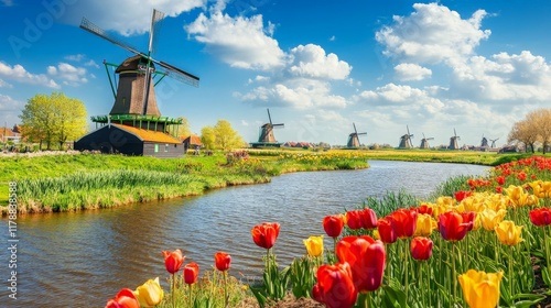 Dutch Windmills  Tulips  Canal  Spring Landscape