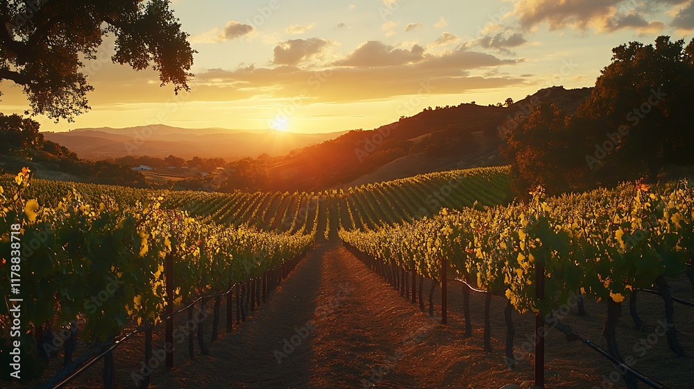 Fototapeta premium Golden Hour Vineyard: A Sunset Symphony in Wine Country