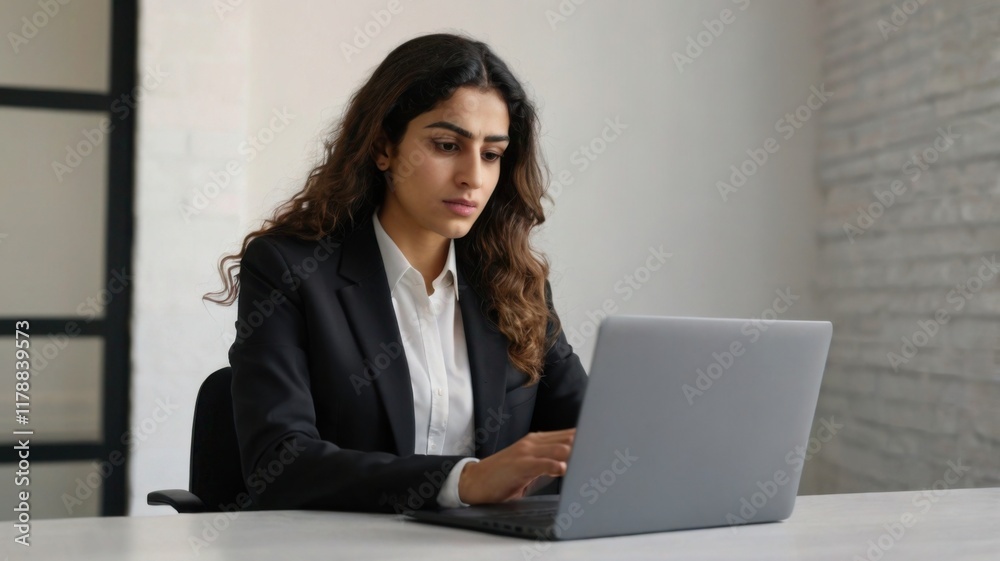 Young Businesswoman Analyzing Data on Laptop in Modern Office Young Businesswoman Analyzing Data on Laptop in Modern Office