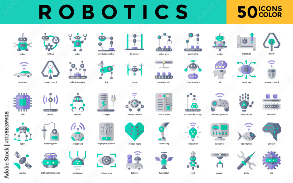 custom made wallpaper toronto digitalRobotics icons set with robot, setting, production robot, 3d printer, robot arm, assembling, waiter, prototype, power, smart car icon. Simple flat color vector
