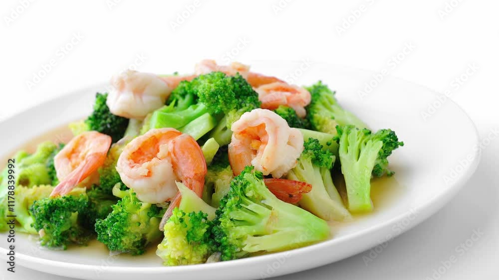 Stir-fried broccoli with shrimp on a plate on the dining table Stir-fried broccoli with shrimp on a plate on the dining table