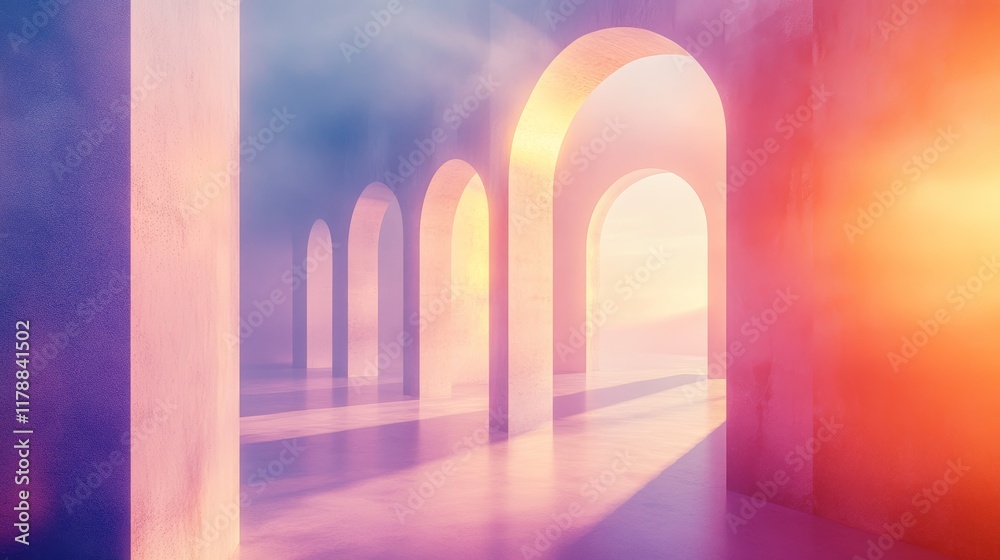 Fototapeta premium Explore a dreamy surreal environment filled with vibrant light and colorful arches. The ethereal scene captures an enchanting atmosphere, perfect for creative projects.