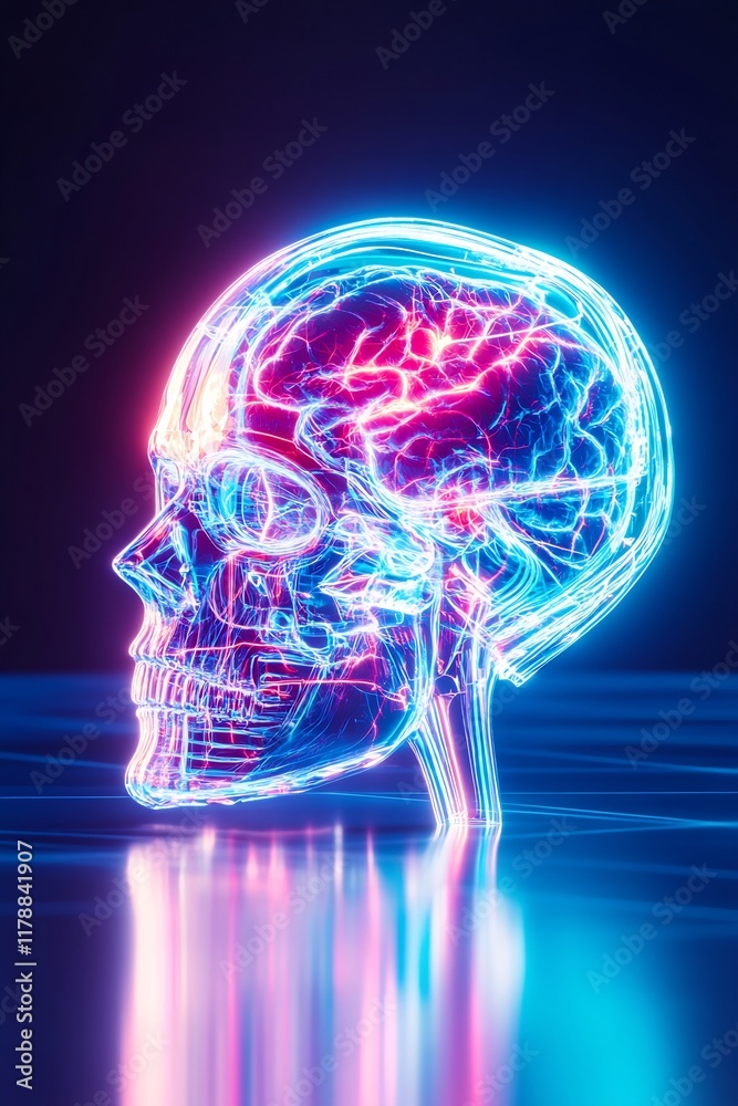 Vibrant 3D Render: Neon-Lit Skull & Brain, Glowing Mysteriously. AI Generated