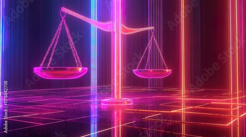 Abstract digital representation of legal scales, neon lines and glowing elements 