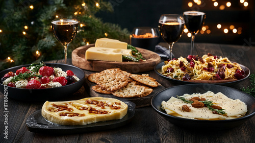 Elegante mesa navideña con variedad de quesos, pasta, frutas, galletas y copas de vino en un ambiente cálido y festivo photo